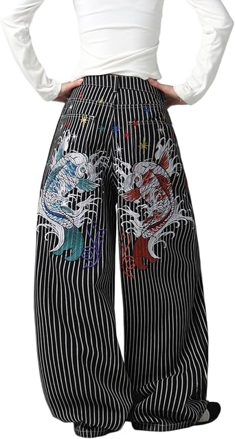 Baggy Womens Wide Leg Jeans High Waisted Baggy Denim Pants Loose Fit Y2K Graphic Jeans Black