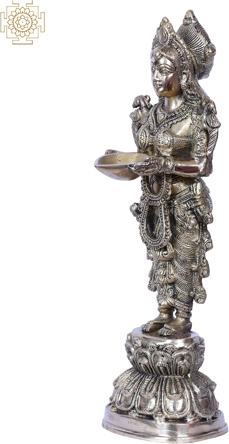 Exotic India Traditional Paavai Vilakku Brass (Lakshmi) Statue Standing Deepalakshmi Oil Lamp for Home Mandir for Entrance Decor