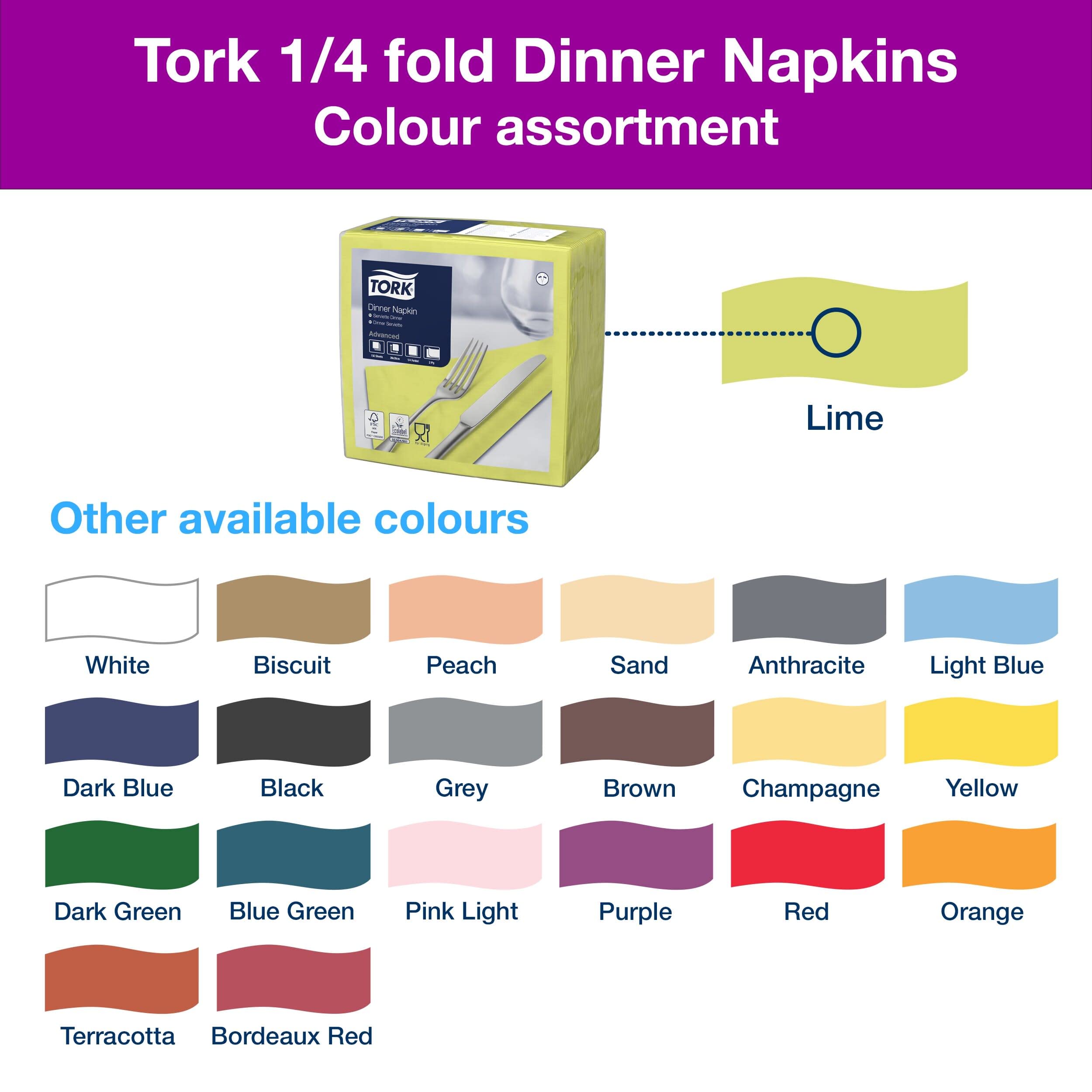 Tork 477900 Dinner Servilletas para cena/dos capas/pliegue 1/4 / color verde lima / 12 paquetes x 150 unidades (1800 servilletas) / 39 cm x 39 cm/Advanced