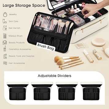 Large Makeup Case with LED Mirror Vanity Case Removable Light Up Mirror PU Leather Portable Makeup Artist Carry Vanity Box with Dividers Makeup Brush Holder, White