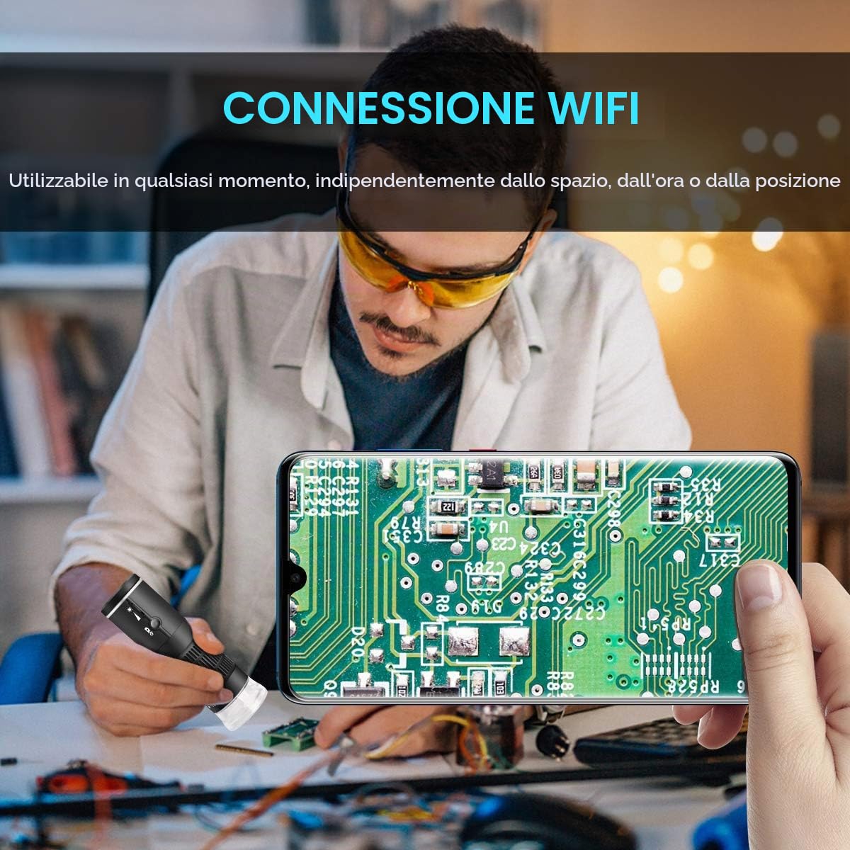 Microscopio digitale WiFi per iPhone Telefono Android Mac Windows, Registrazione video HD 1080P Ingrandimento 50-1000x, Fotocamera portatile per microscopio con borsa per il trasporto