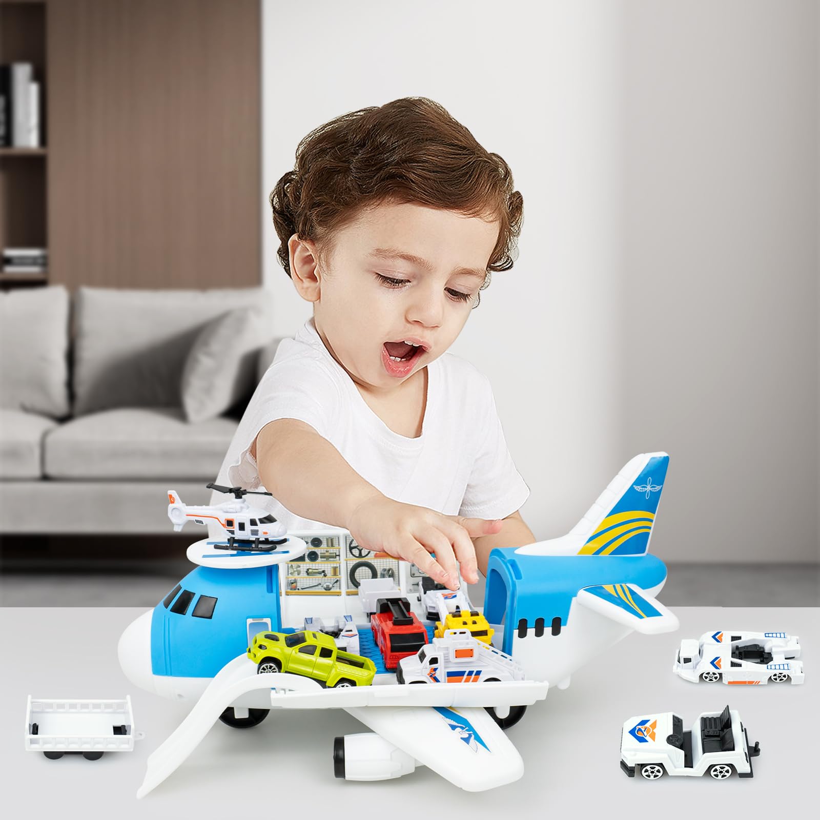 RedCrab Avion Jouet, Avions Transporteur Véhicules de Voiture Jouets, DIY Helicoptere Jouet avec Accessoires Rampe et Voiture Jouet Cadeau Enfant pour 3 Ans + Garçons Filles
