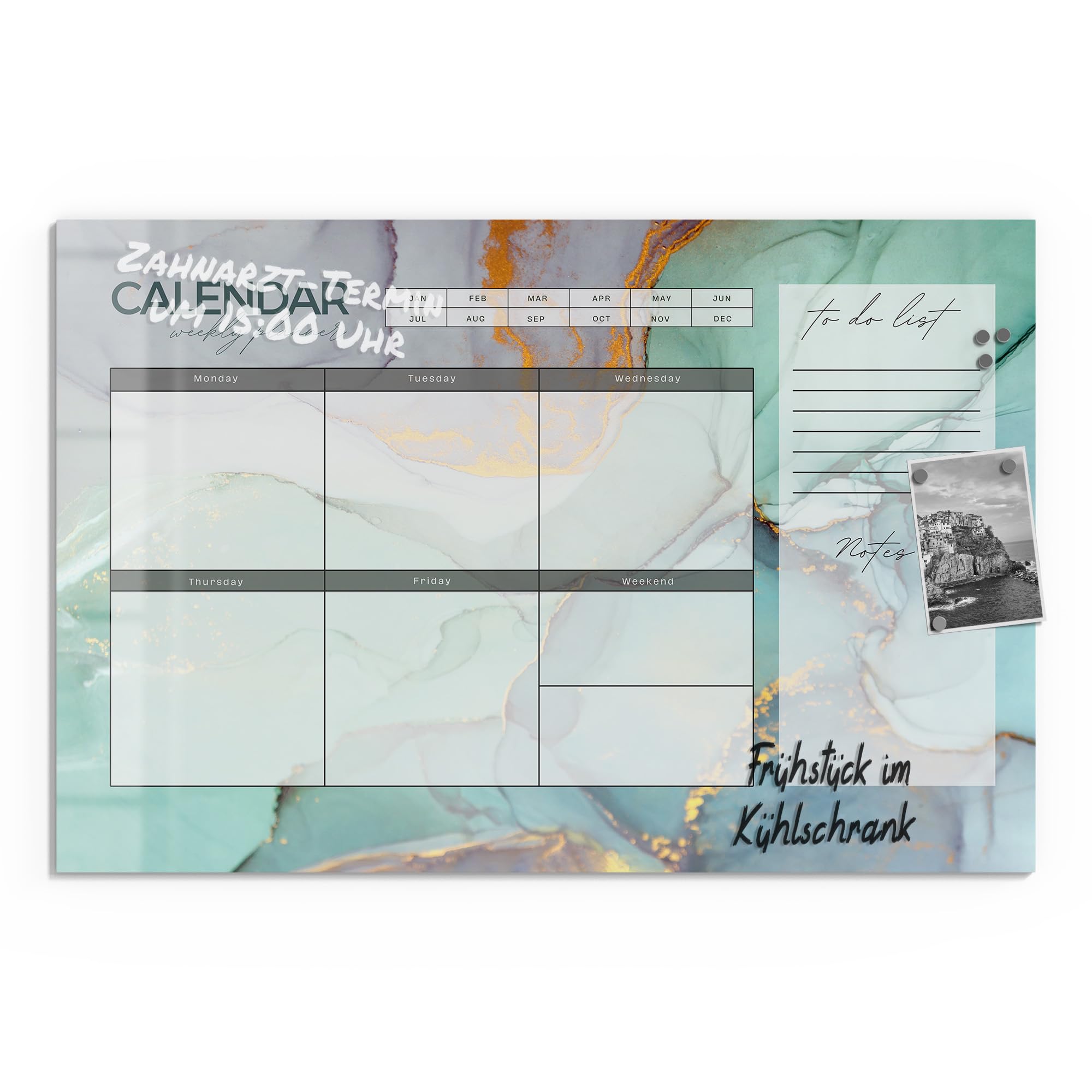 DEQORI Lavagna magnetica in vetro | 90 x 60 cm | motivo "Agenda settimanale menta (EN)" | Lavagna magnetica con magneti, penna e panno per cucina e ufficio, lavagna magnetica e scrivibile