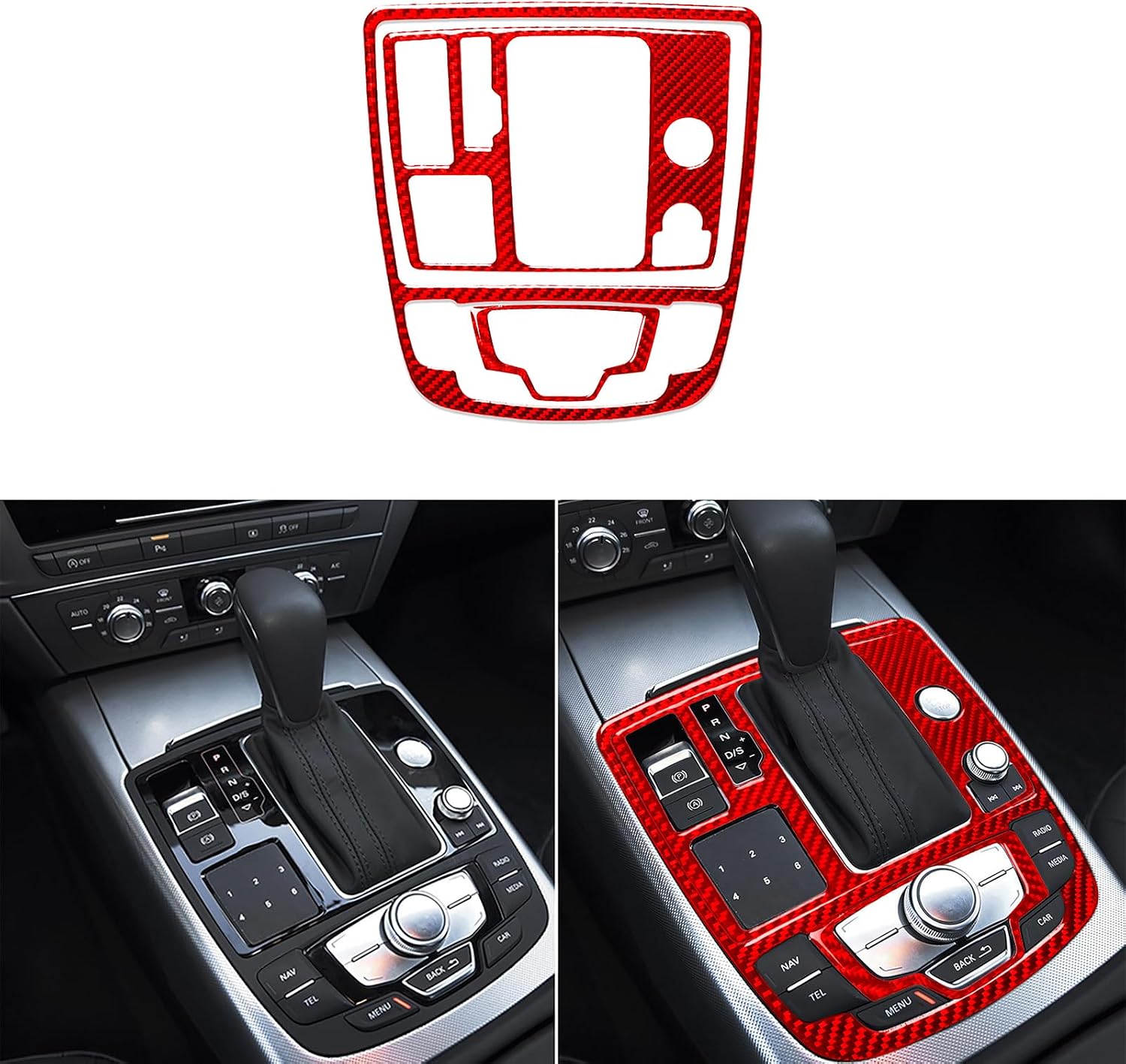 Real Carbon Fiber Interior Accessories Sticker Compatible with Audi A6 S6 C7 A7 S7 4G8 2012 2013 2014 2015 2016 2017 2018 Car Gearshift Panel Multimedia Control knob Frame Decor Trim Cover Red