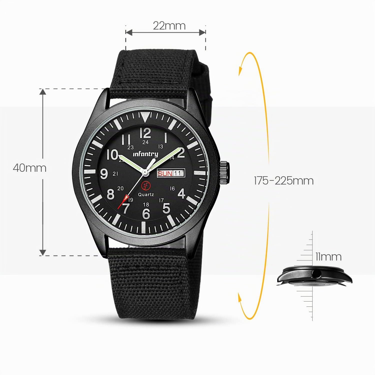 Infantry Military Watches for Men, Mens Field Wrist Watch for Tactical Outdoor Sport, Army Work Analogue Wristwatch, Date Day Display, 50M Waterproof, Black Nylon Strap