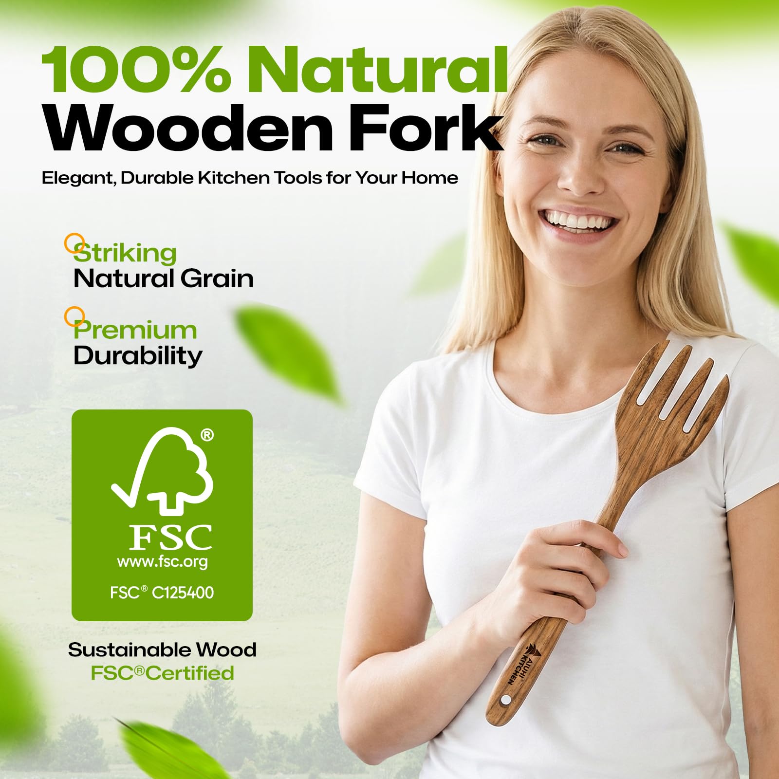 AIUHI Premium Teak Wood Salad Serving Fork, Ergonomic Handle Non-Scratch Wooden Cooking Fork, Durable Kitchen Utensil for Salad Mixing Pasta Tossing and Food Serving — Amazon image 2