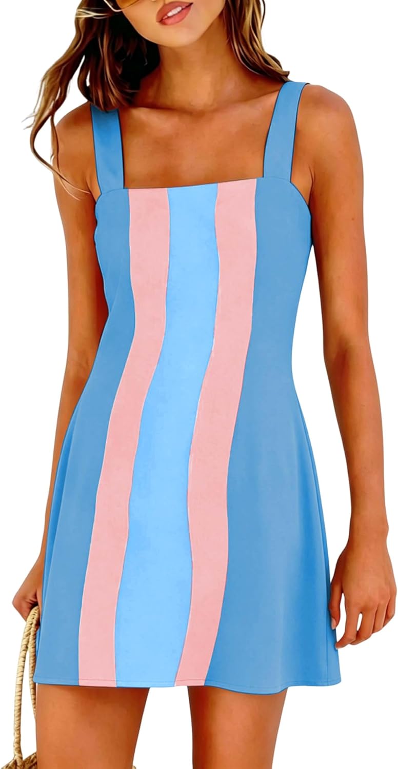 Ailoqing 2026 Women Summer Mini Dress Color Block Casual Beach Overall Dresses Cover Ups Vacation Clothing