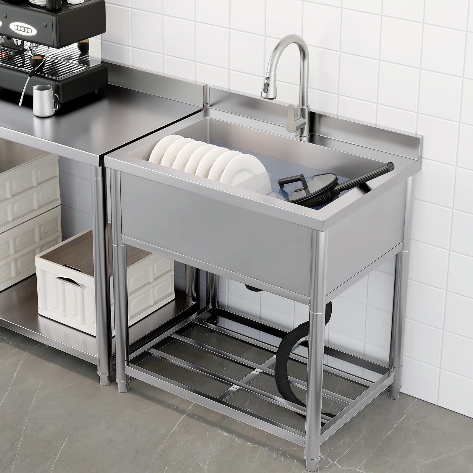 70cm Gran Fregadero de Acero Inoxidable Independiente con Grifo | Fregadero de Cocina Comercial, Fregadero de Inox para Exterior, Cocina, Lavadero, 57 x 90 x 94 cm