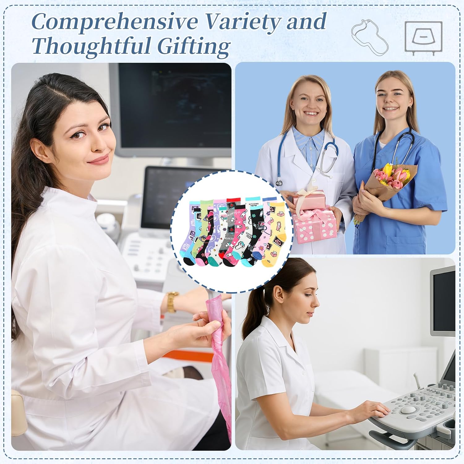 Glitopper 12 Pairs Sonographer Socks Set Fun Ultrasound Tech Gift with Fun Medical Theme Designs Stretchy Socks for Radiology Nurses Doctors Medical Professionals