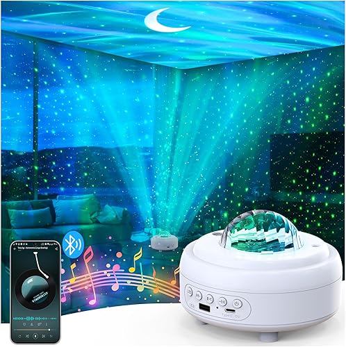Miniatura 1 de Proyector de galaxia con altavoz Bluetooth, proyector de estrellas de luz nocturna para dormitorio, 8 modos de luces del norte, proyector Aurora con