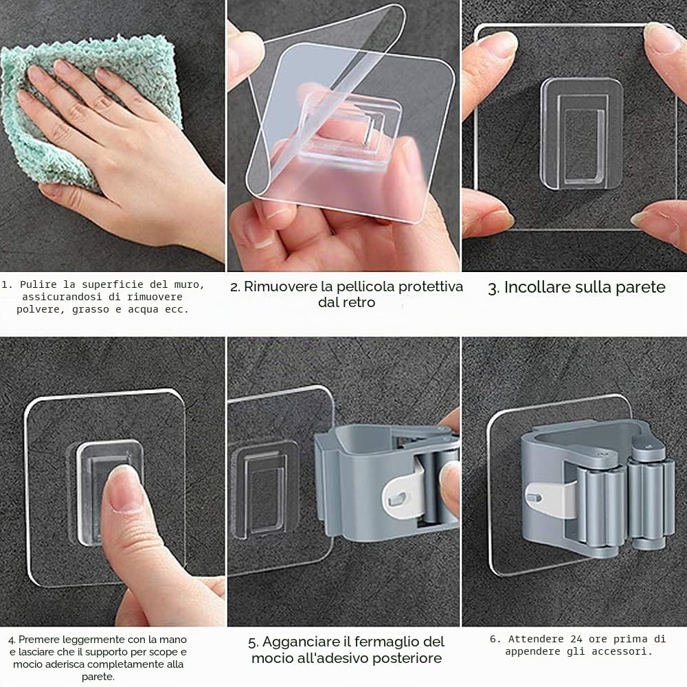 Portascope e Portaspazzole Muro Autoadesivo Plastica Supporto per Scopa da Appendere Ganci per Scope da Muro Adesivi Grigio