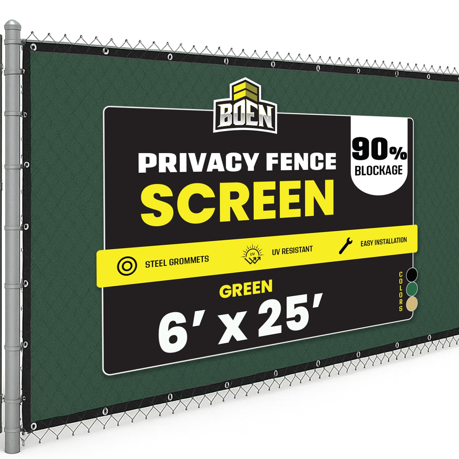 Boen - Backyard Privacy Screen Fence Covering 6' x 25' - Green - Instant Outdoor Privacy Fence Screen for Any Metal, Chain Link, Wood Panels or Plastic Fencing - Shade & Block Wind Privacy Wall