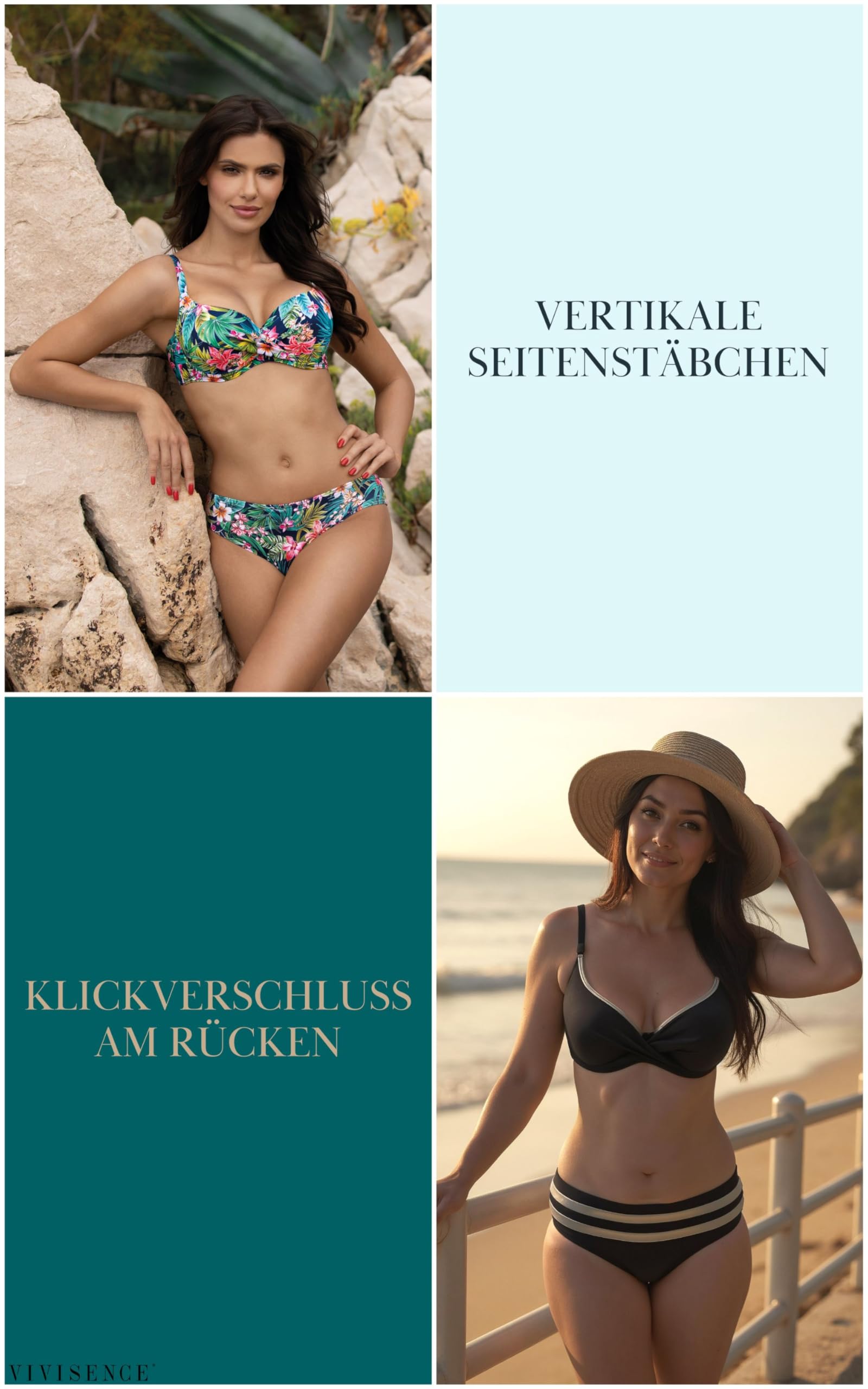 VIVISENCE Bikini Push-Up BH Dame Bademode Geblümt Regulierbar Klassisch EU 3222
