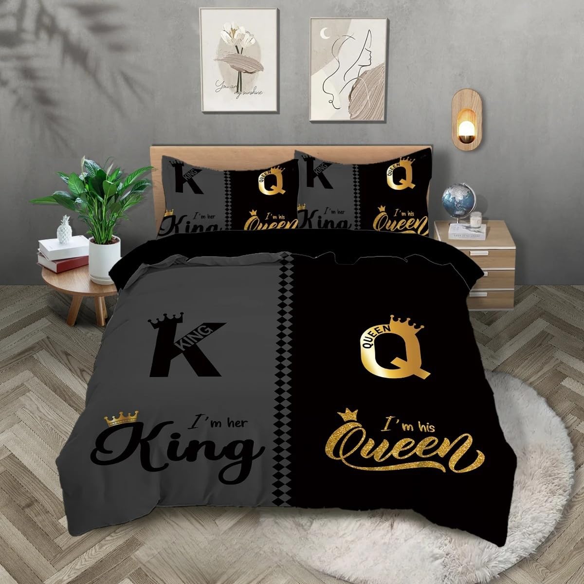 Bettbezug-Set für Queen und King-Size-Betten, Luxuriöses Pärchen-Bettwäsche 135x200 In Schwarz und Grau mit Goldenem Kronendruck und Reißverschluss, Romantischer Bettbezug Zum Valentinstag für