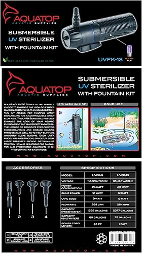 Miniatura 4 de Aquatop Bomba sumergible para estanque de 264 GPH con kit de fuente, luz UV de 13 vatios para agua cristalina, uso de agua dulce y salada, ideal