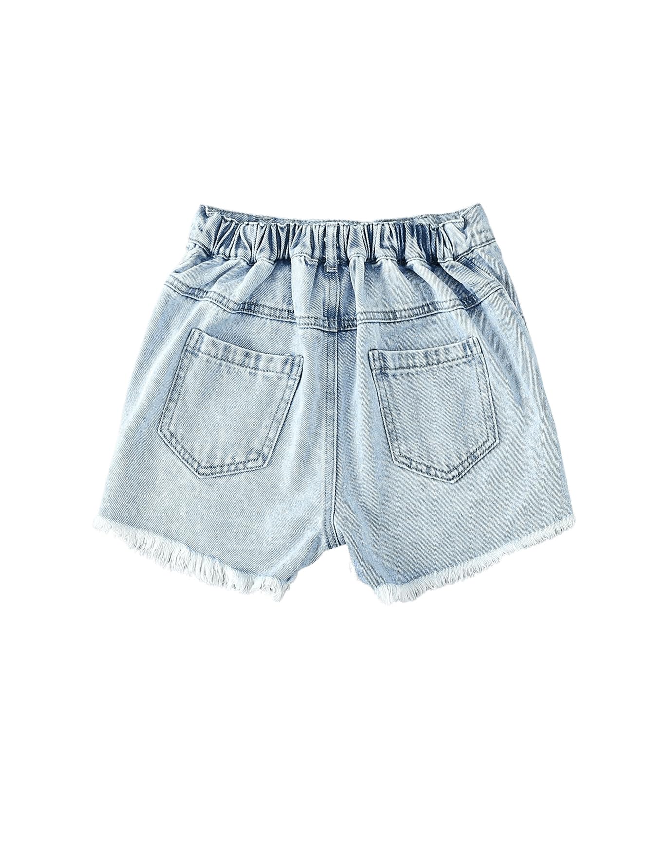 Floerns Pantaloncini da ragazza in denim strappato con orlo grezzo elastico in vita gamba dritta con tasche