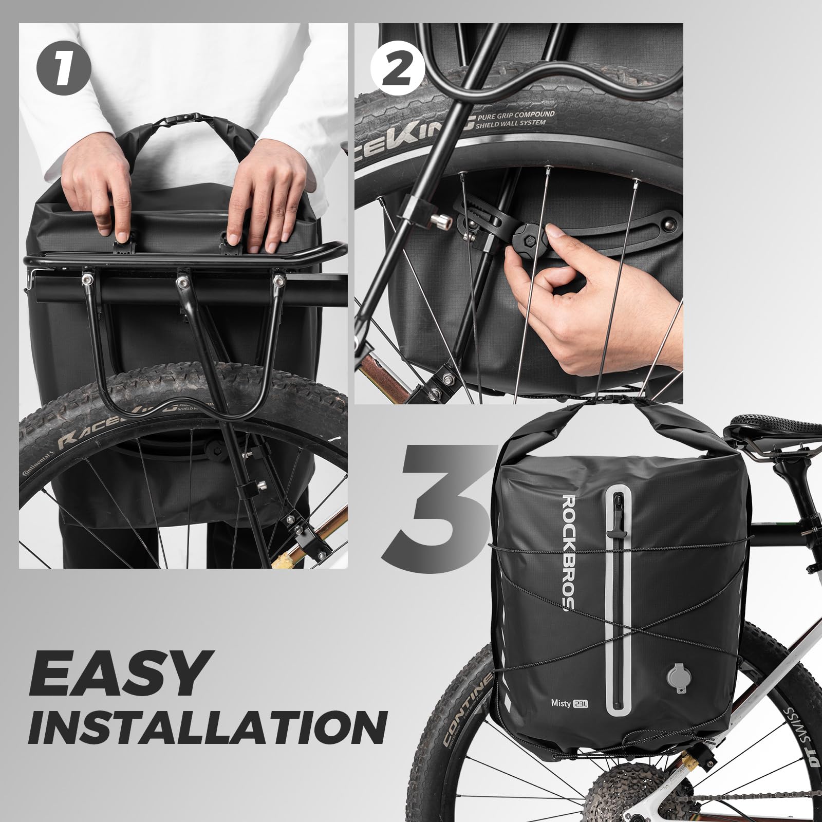 ROCKBROS 100% wasserdichte Gepäckträgertasche Fahrrad mit Vakuumfach | Kompressionsfach, Vornetasche, Elastisches Kordelsystem, Schnellbefestigung, für MTB Rennrad Gravelbike, 23 L, Weiß