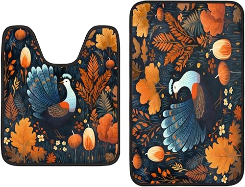 Pardick Juego de 2 tapetes de baño, tapete de baño en forma de U de pavo y calabaza con tapete de baño, tapete de hoja de arce para baño