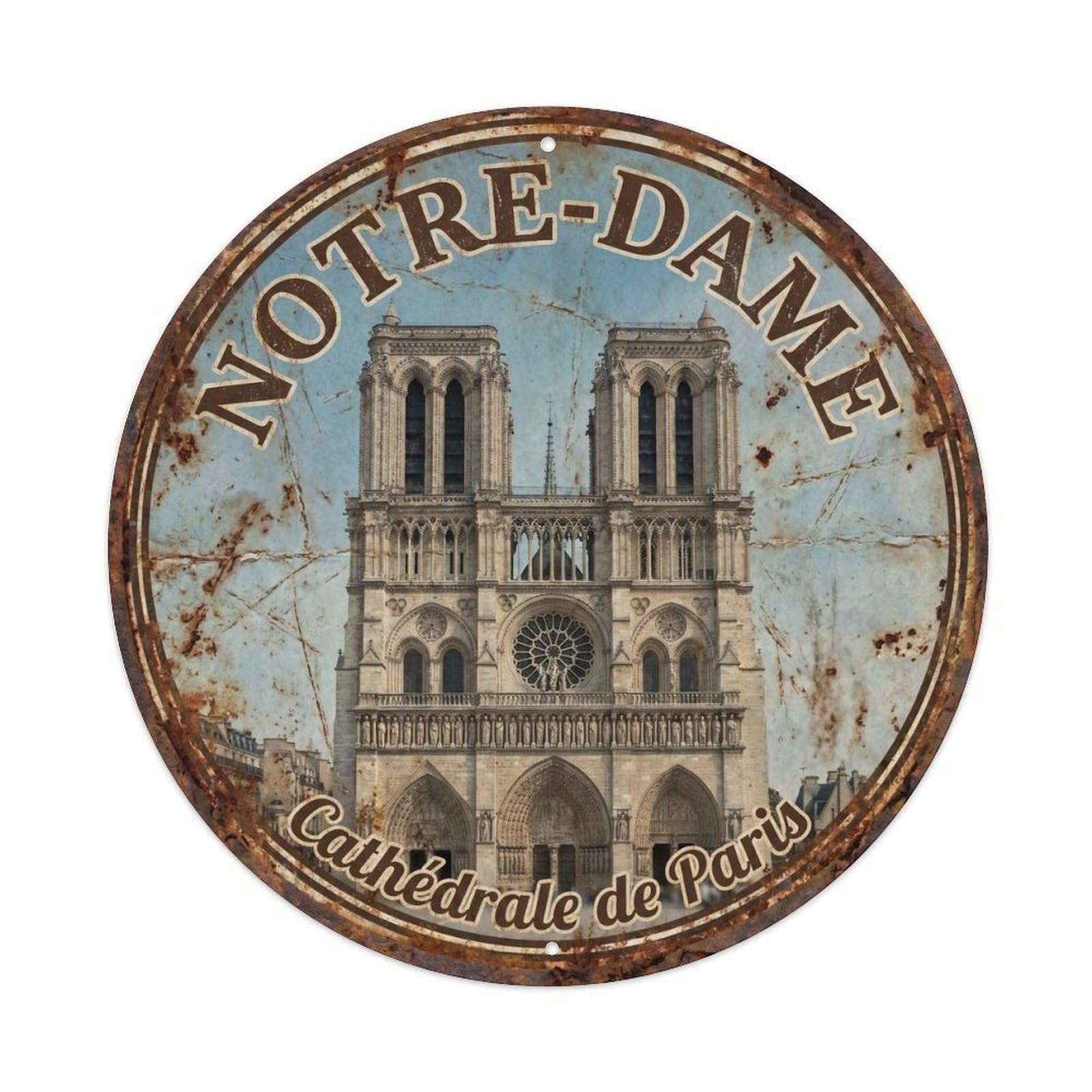 Vintage Travel Notre Dame Parisian Metal Tin Sign Plaque