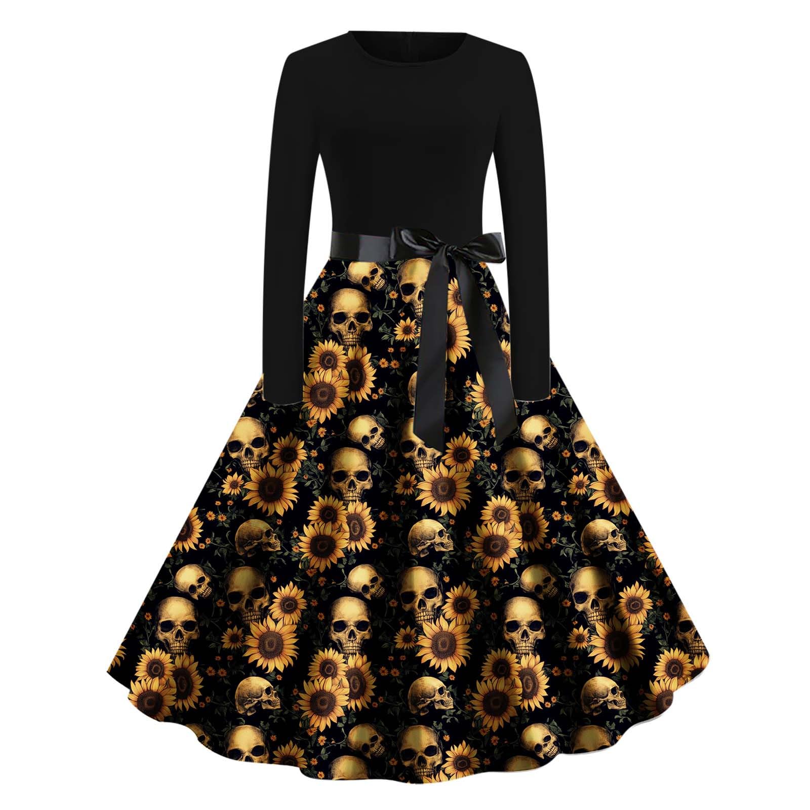 HAOLEI Halloween Costumes Adult Women, Ladies Halloween Dress Retro Pumpkin Skeleton Print Long Sleeve A Line Swing Dress Black Vintage Skull Witch Rockabilly Party Cocktail Novelty Dresses
