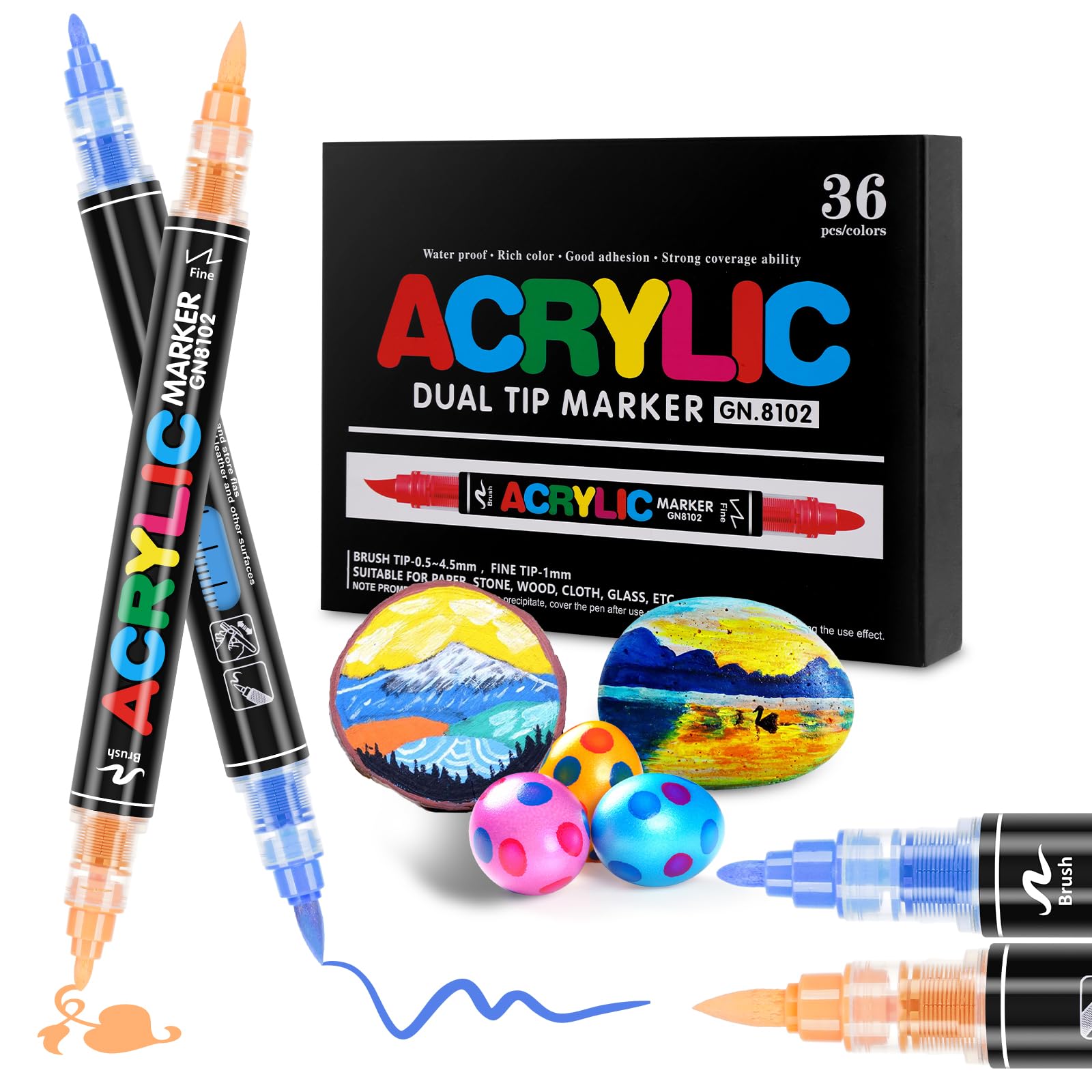 Rotuladores Acrílicos 36 Colores Doble Punta: Punta Pincel + 1mm, Líquido Directo - Tinta de Secado Rápido Impermeable para Pintar Huevos de Pascua y Piedras