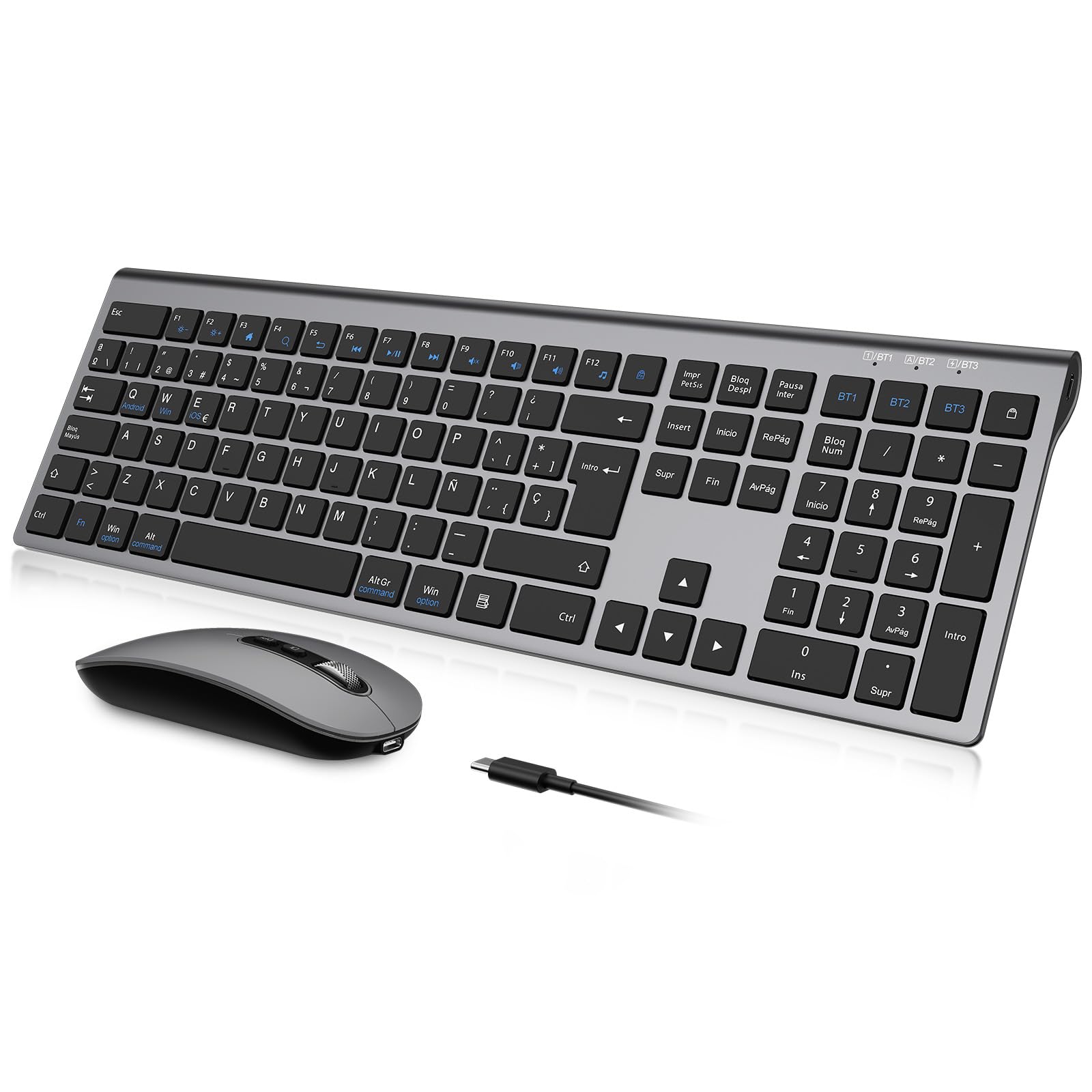 Teclado y Ratón Inalámbrico Bluetooth- cimetech Teclado y ratón Recargable, QWERTY Español Layout, Teclado de diseño ergonómico, Ultrafino para Ordenador/PC/portátil/Windows 10(Gris)