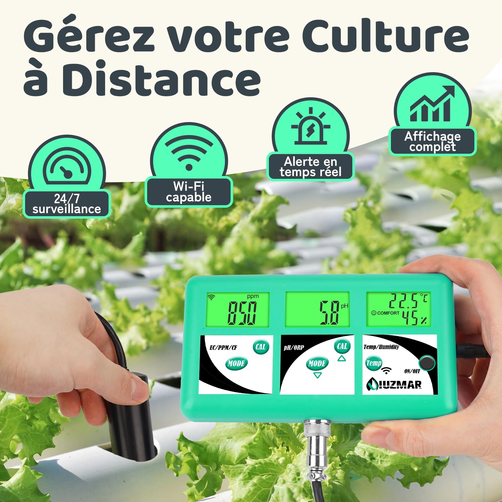 UIUZMAR pH EC TDS Moniteur pour Hydroponie 7 en 1 | pH EC PPM CF Température Testeur D'humidité De L'air Pour L'aéroponie Contrôler La Conductivité pH De La Solution Nutritive