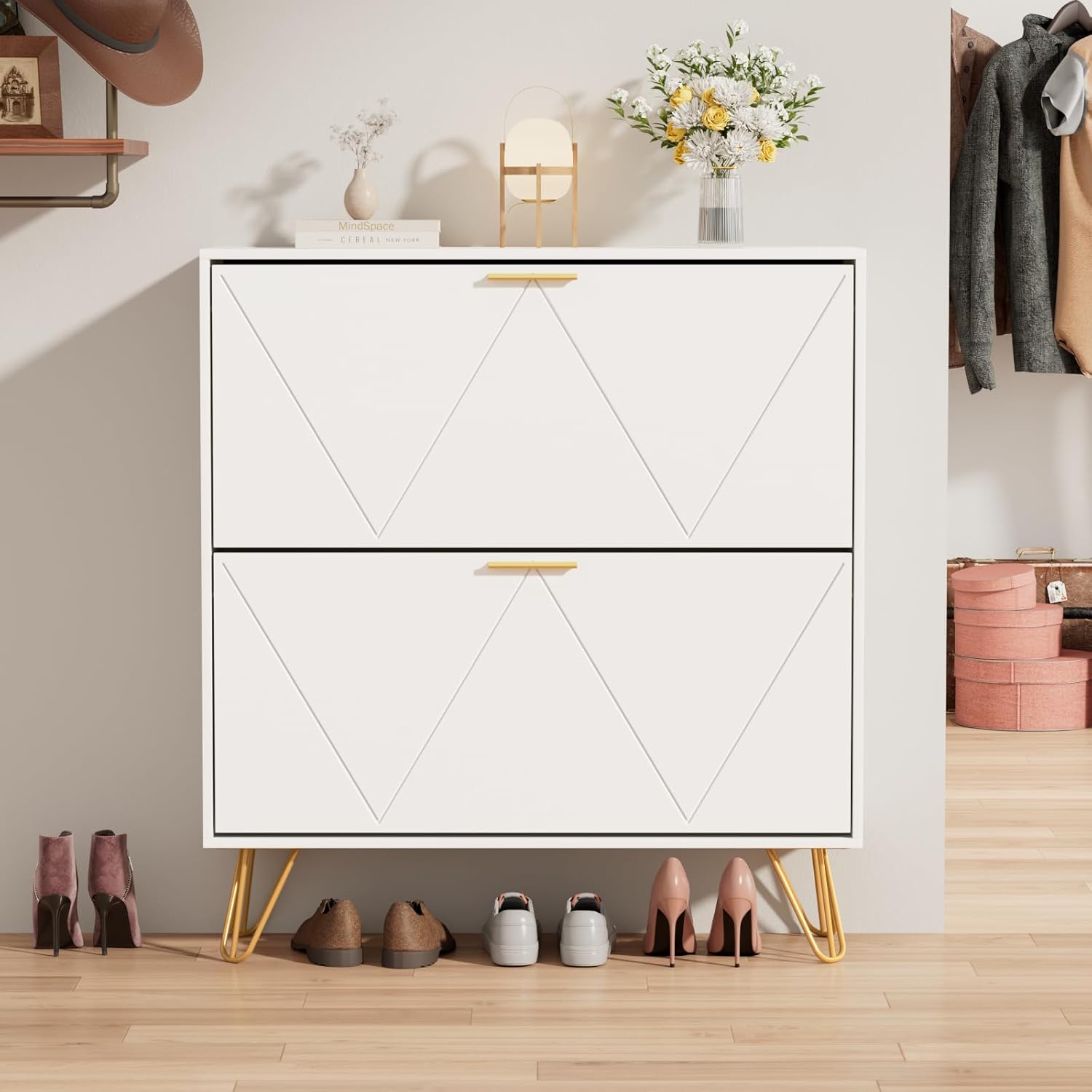 JOZZBY Shoe Cabinet for Entryway, White Narrow Shoe Storage Cabinet with 2 Flip Drawers, Wooden Hidden Freestanding Shoe Rack Organizer for Hallway, Living Room