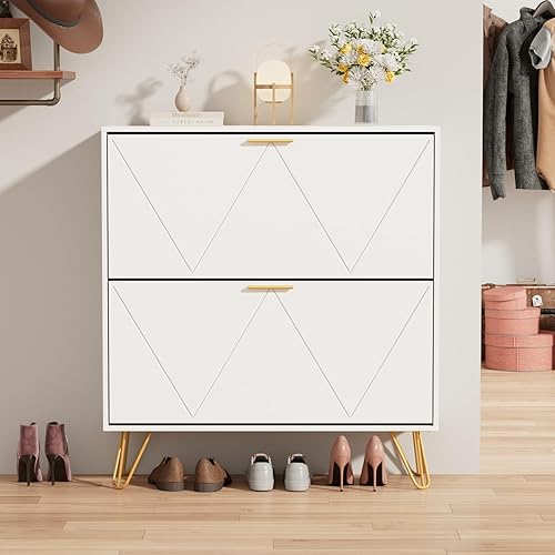 Miniatura 7 de JOZZBY Armario de zapatos para entrada, armario de almacenamiento de zapatos estrecho blanco con 2 cajones abatibles, organizador de zapatos