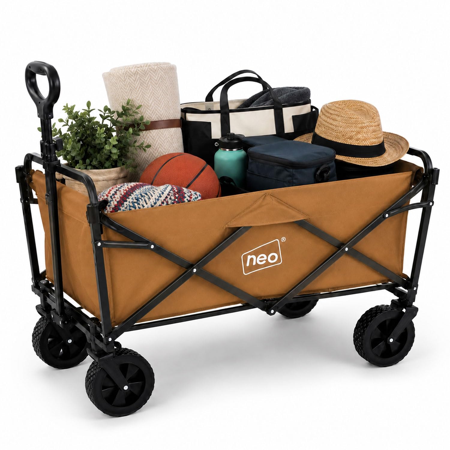 Neo Folding Wagon Canopy Heavy Duty Collapsible Garden Cart 140L 120kg (Khaki)