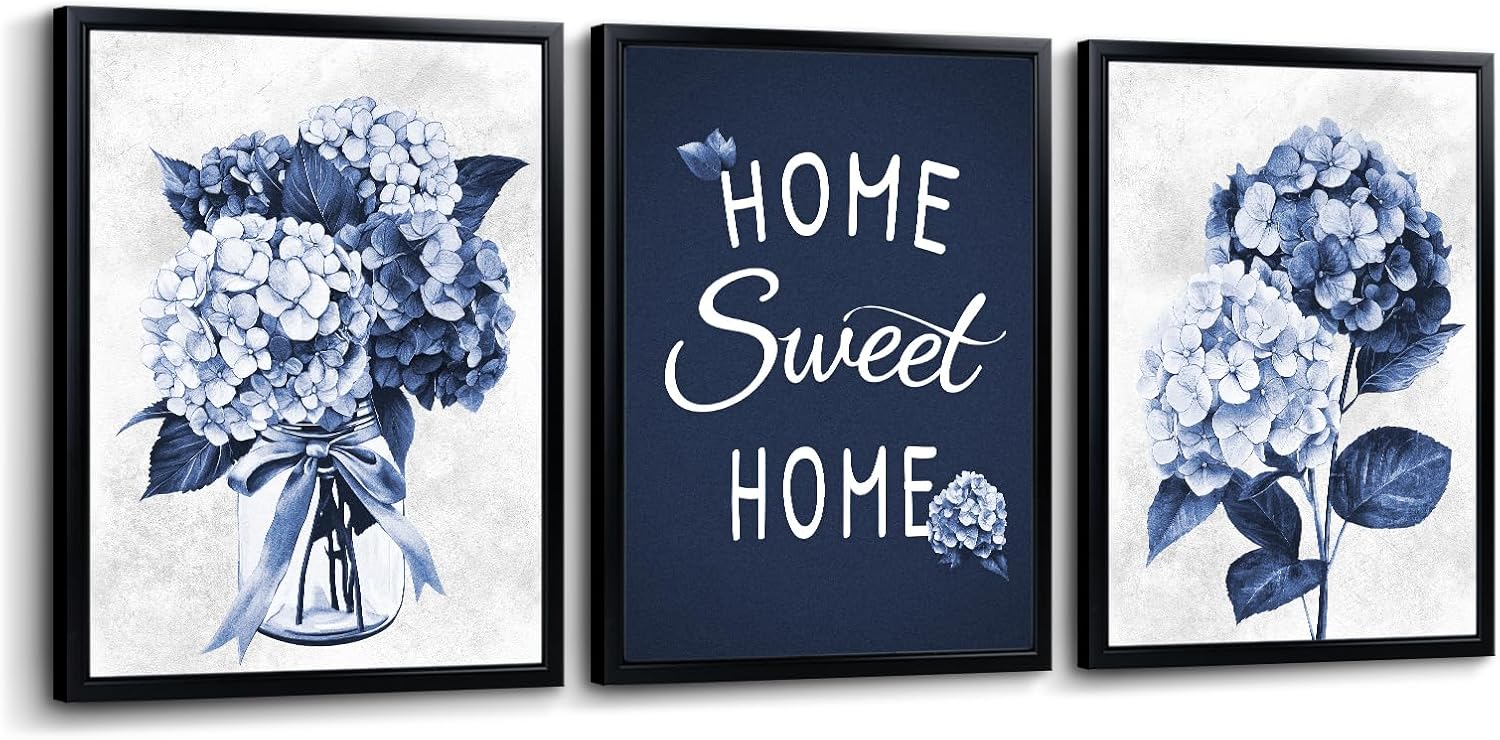 sechars Home Sweet Home Wall Art Hydrangea Floral Painting Decor Navy Blue Flower Pictures Bathroom Decorations (Blue)