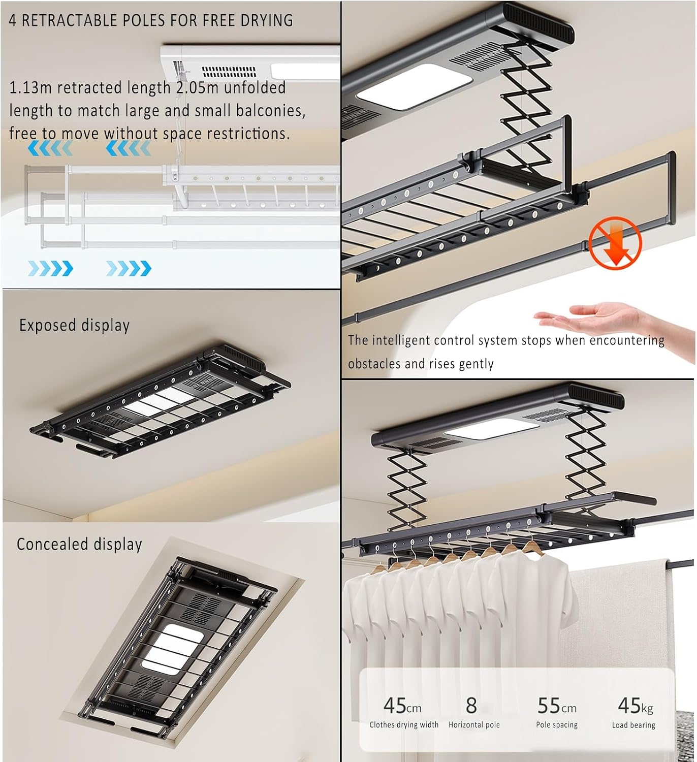Premium Ceiling Clothes Drying Rack with Remote Control, Adjustable Aluminum Alloy Clothesline, LED Light, 45kg Capacity, Space-Saving for Home Balcony (Black)