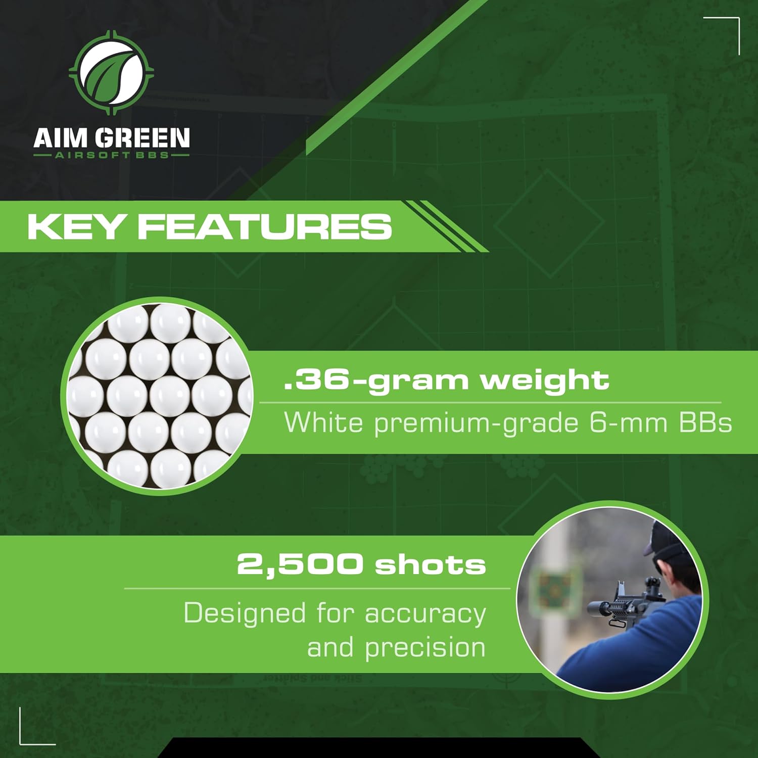 Aim Green Biodegradable Airsoft BBS, Premium-Grade 6mm Airsoft BBS, 36g, 2,500 Count