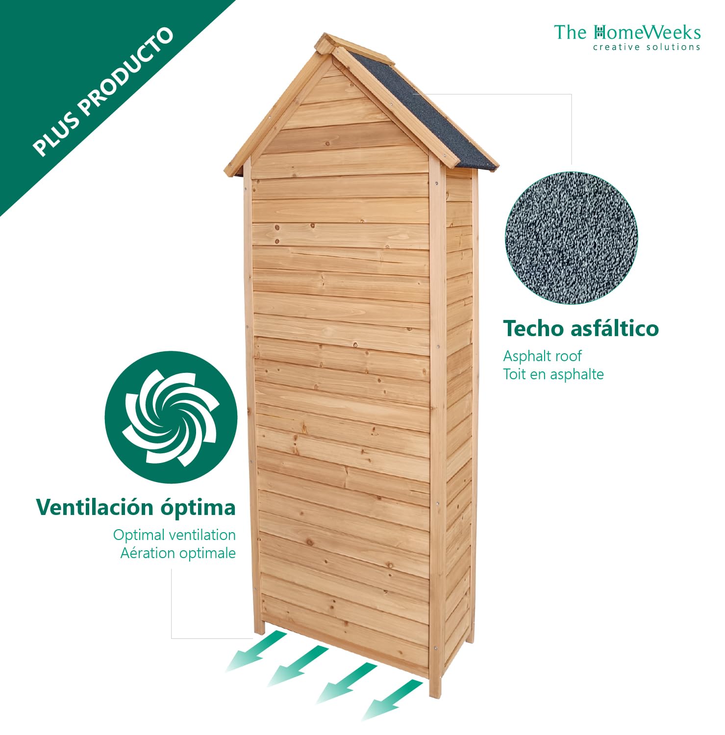 The Homeweeks Cobertizo Armario Caseta | Luka | Madera Tratada Maciza 70 * 35 * 177cm | Armario Multiusos | Impermeable | para Almacenamiento y Protección de Herramientas y Accesorios de Jardín