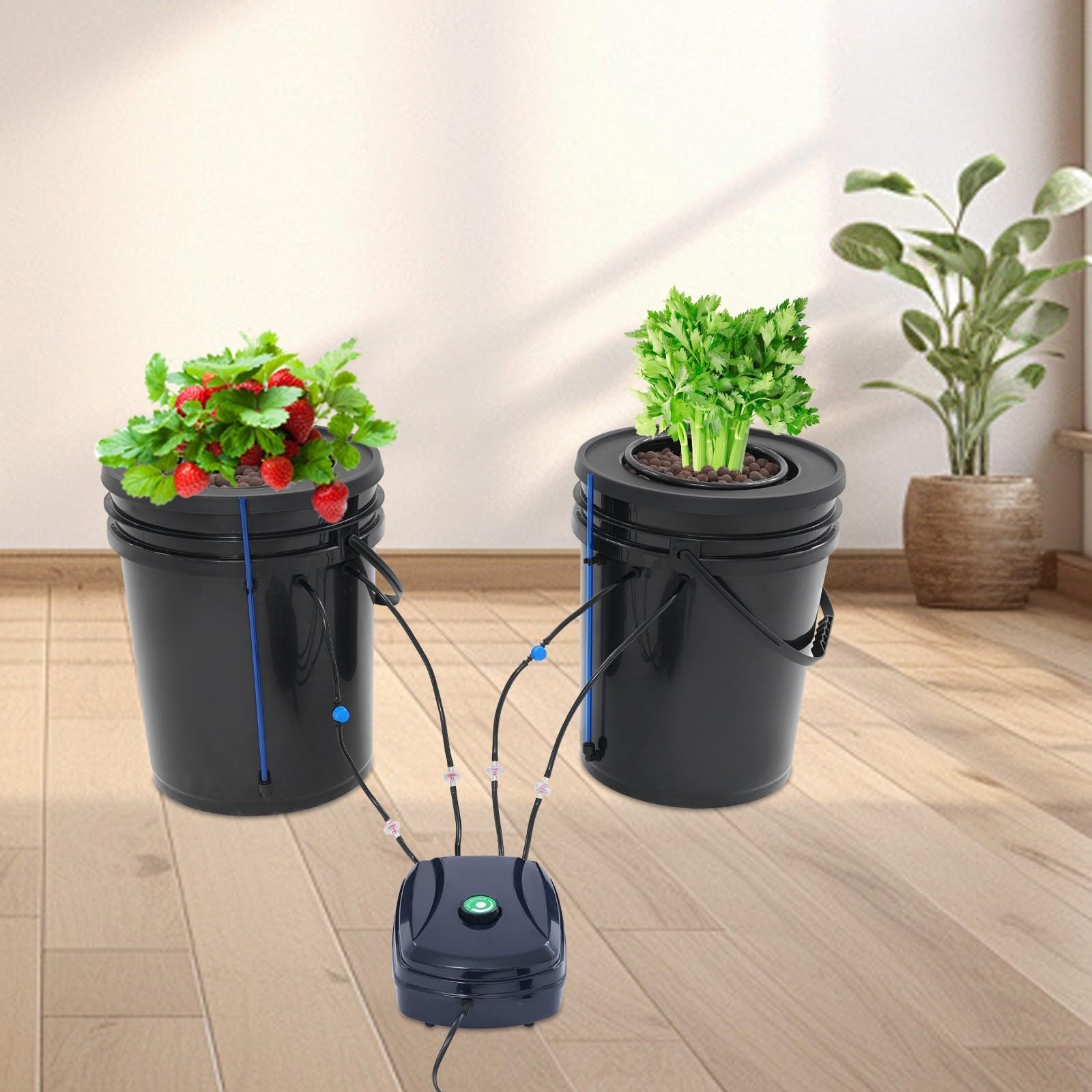 Hydroponiczny system uprawy z 2 doniczkami, hydroponiczny system uprawy, pompa powietrza 18,93 l, wskaźnik poziomu wody, keramzyt do użytku wewnątrz pomieszczeń, ogrodu, warzyw, owoców i