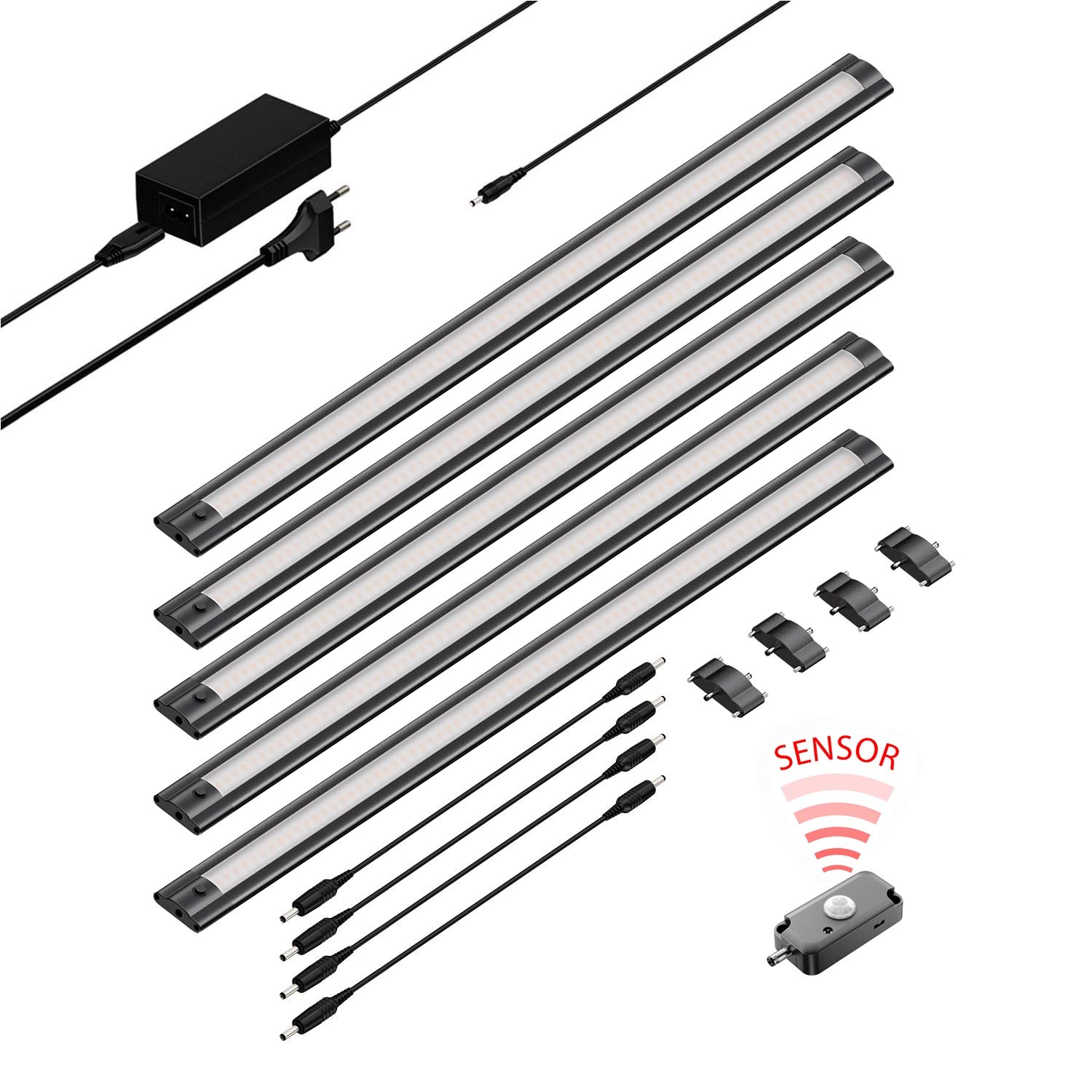 ledscom.de 5er Set LED Unterbau-Leuchte SIRIS schwarz matt mit Bewegungsmelder, flach, je 50cm, je 655lm, weiß