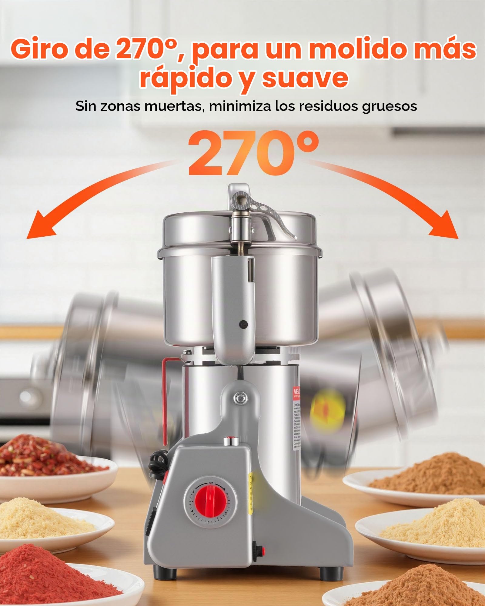 VEVOR Molinillo Eléctrico de Especias 2100 W, Molinillo de Cereales de Alta Velocidad 28.000 rpm, con Cuchillas Triples de Acero Inoxidable para Granos Secos, Especias, Cereales, Maíz, Pimienta