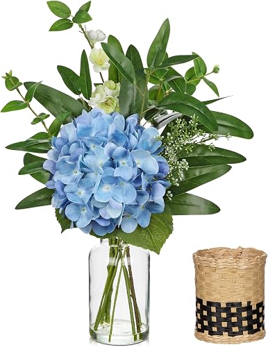 17" Blue Hydrangea Artificial Flowers in Vase With Faux Water, UV Protected Fake Hydrangeas Flowers Arrangement with Eucalyptus, Silk Hydrangea for Living Room, Dining Room, Wedding Table Centerpieces