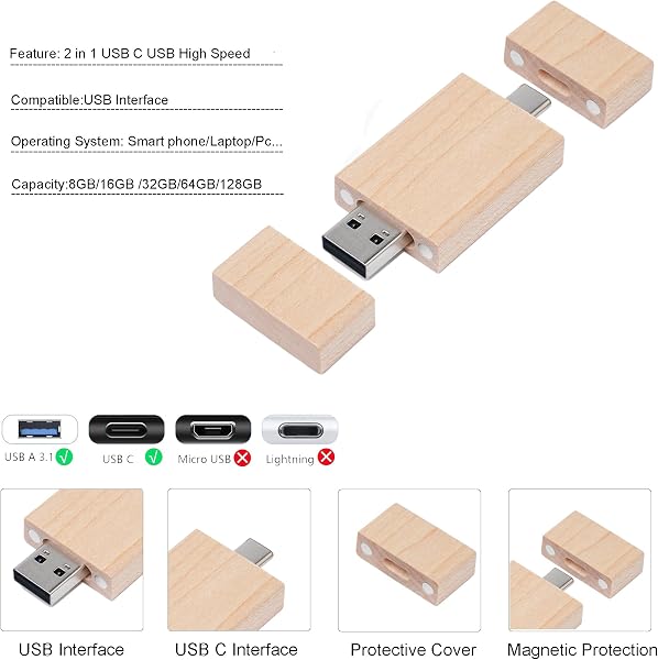 Clé USB C en Bois d'Érable 64 Go, OTG Pen Drive, Flash Drive USB 2.0 et Type C pour Smartphone Android, USB A + C - 3