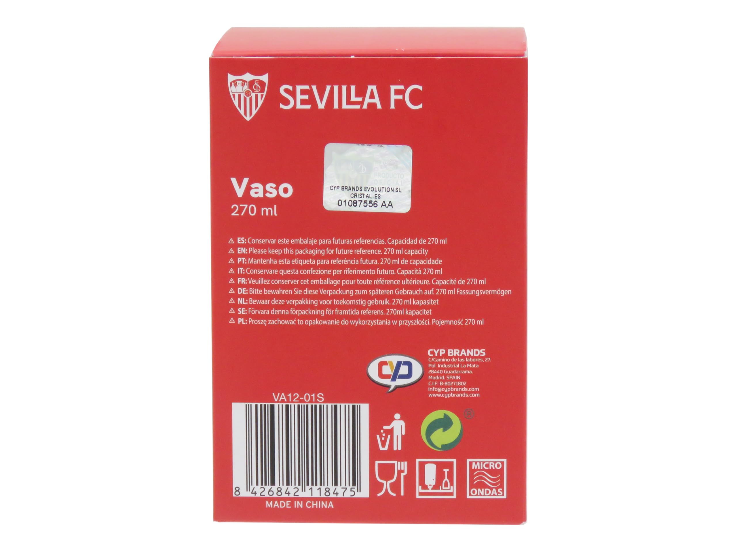 Sevilla FC Bicchiere da Acqua Vetro 270ml Lavabile in Lavastoviglie Microonde Prodotto Ufficiale