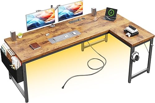 Escritorio en forma de L de 63 pulgadas con tomas de corriente y luces LED, escritorio de juegos de 0.945 in de grosor, escritorio de computadora