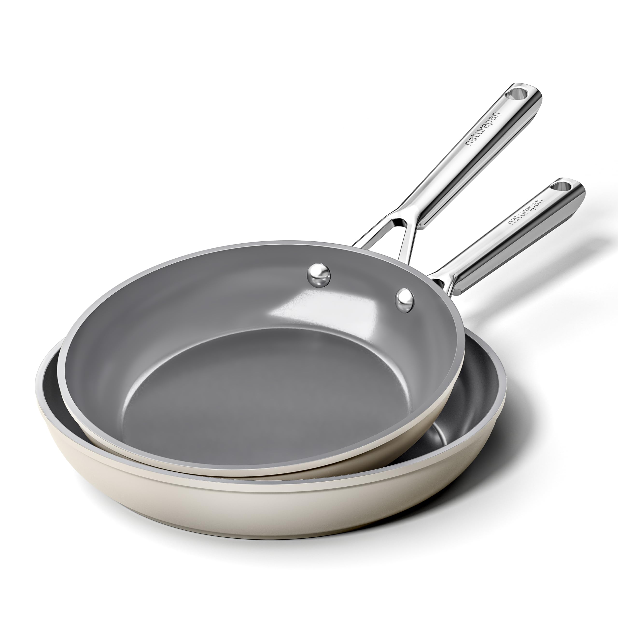 naturepan Diamond-Titanium Ceramic Nonstick Frying Pan Set, 2-Piece (24 & 28cm), PFAS & PTFE & PFOA Free, Stainless Steel Handle, Dishwasher/Oven Safe, Beige