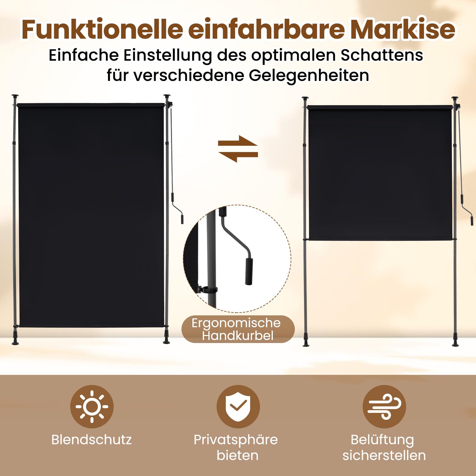 RELAX4LIFE Klemmmarkise Senkrechtmarkise 200 x (220-310) cm, Höhenverstellbar, Vertikalmarkise mit Handkurbel ohne Bohren, für Terrasse Balkon Garten, Sichtschutz, Ausziehbar & Blickdicht