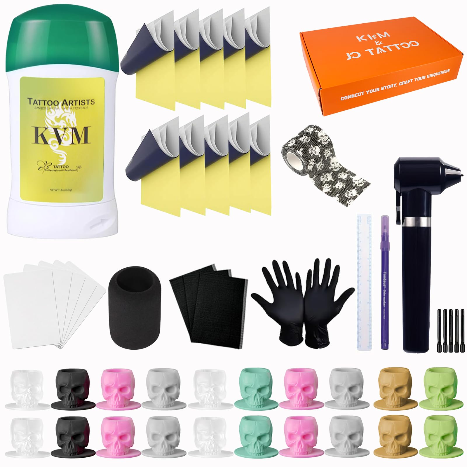 KVM Tattoo Skull Ink cup Kit 46 Pcs Tattoo Kit 20 Skull Ink Cups 10Pcs Transfer Paper 5pcs Tattoo Skin