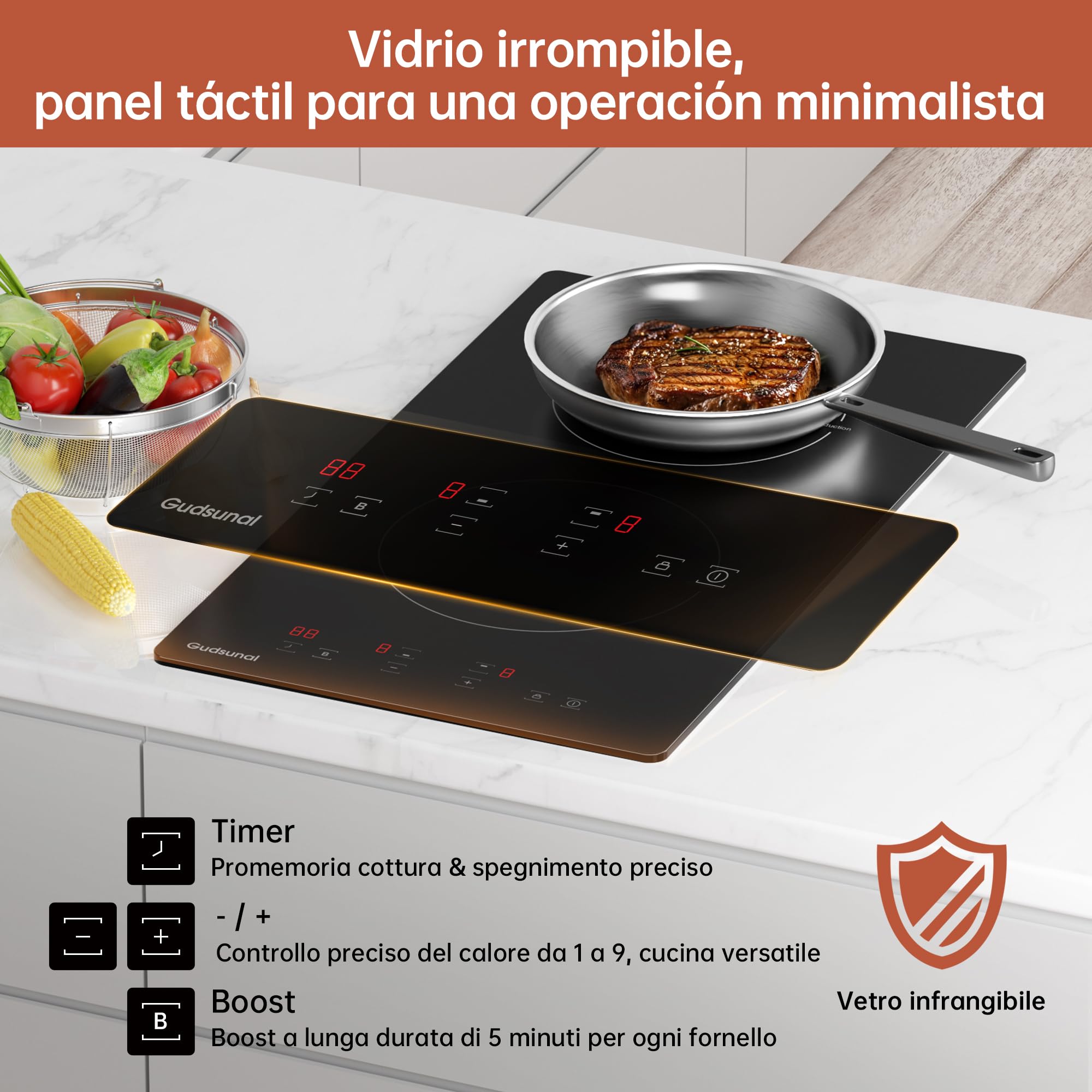 Piano Cottura a Induzione, 2 Fuochi, Incasso, 3600 W, Riscaldamento Continuo, Booster, 9 Livelli, Timer 1-99 Min, Spegnimento Automatico, Blocco Bambini, Sensore Pentola, Nero Opaco