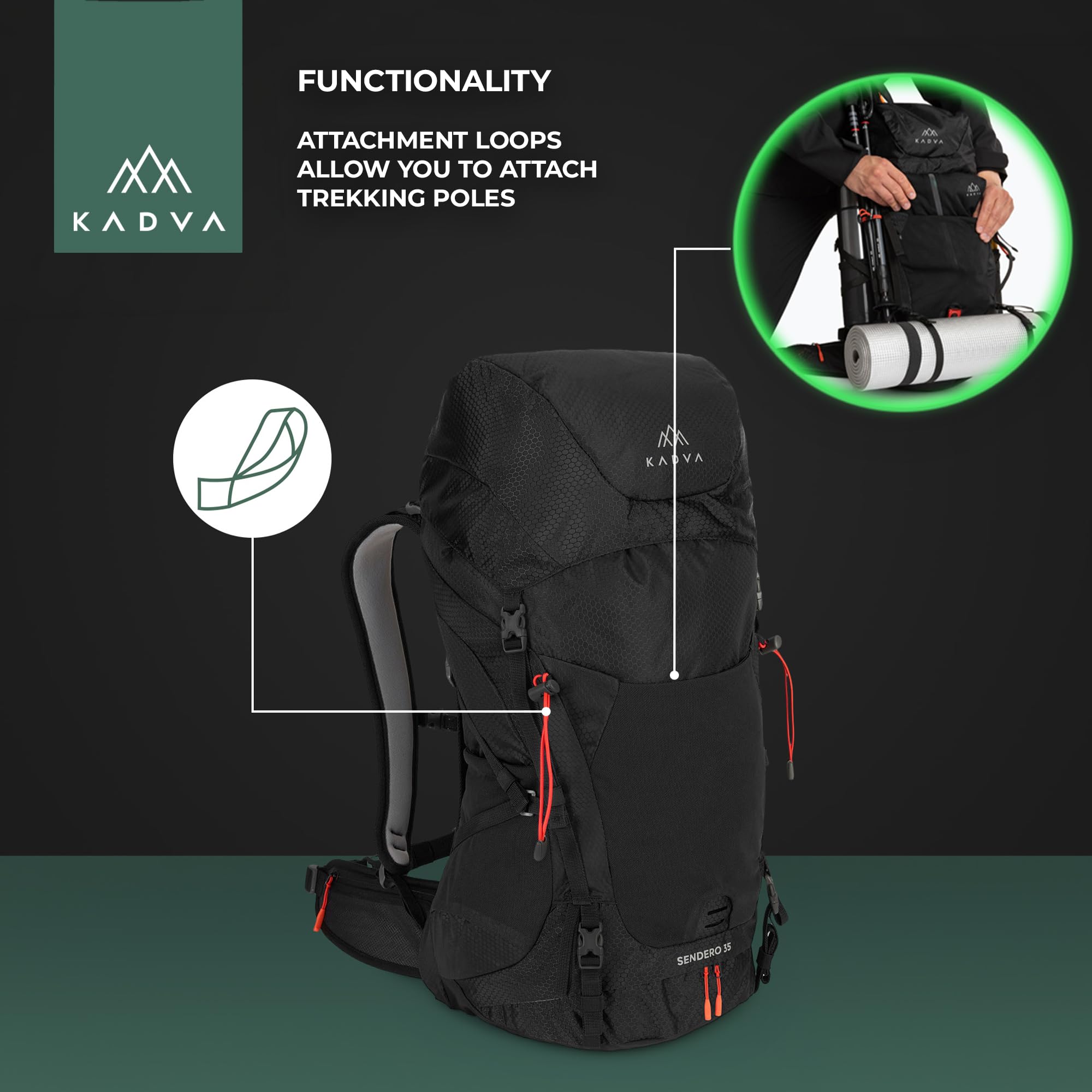 KADVA Escapada 35 l – plecak turystyczny Windflow odporny na działanie wody, 2 komory, kompatybilny z torebką wielbłądziem, z pokrywą i regulowanym paskiem biodrowym