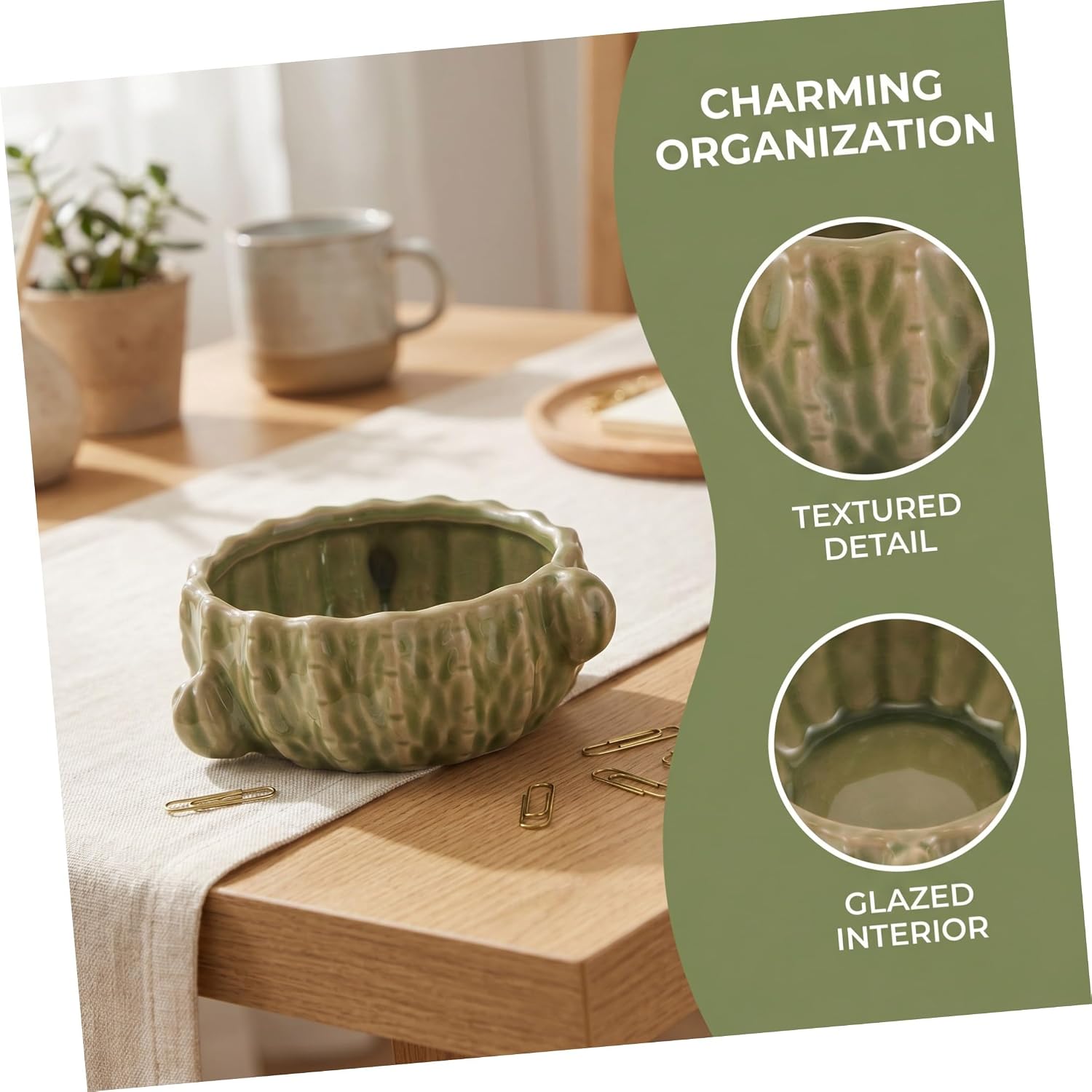 2pcs Ceramic Cactus-shaped Paper Clip Holder and Trinket Dispenser in Green, Space-saving and Easy Cleaning Office Desk Organizer for Home and Desktop Use