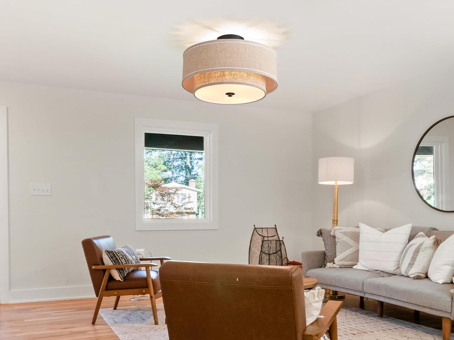 Shrine Lighting Double Drum Ceiling Light, Perfect Drum Light Fixture for Dining Room, D16'' x H7'', E12*3 Sockets, Beige Linen Fabric Lampshade & Black Rod
