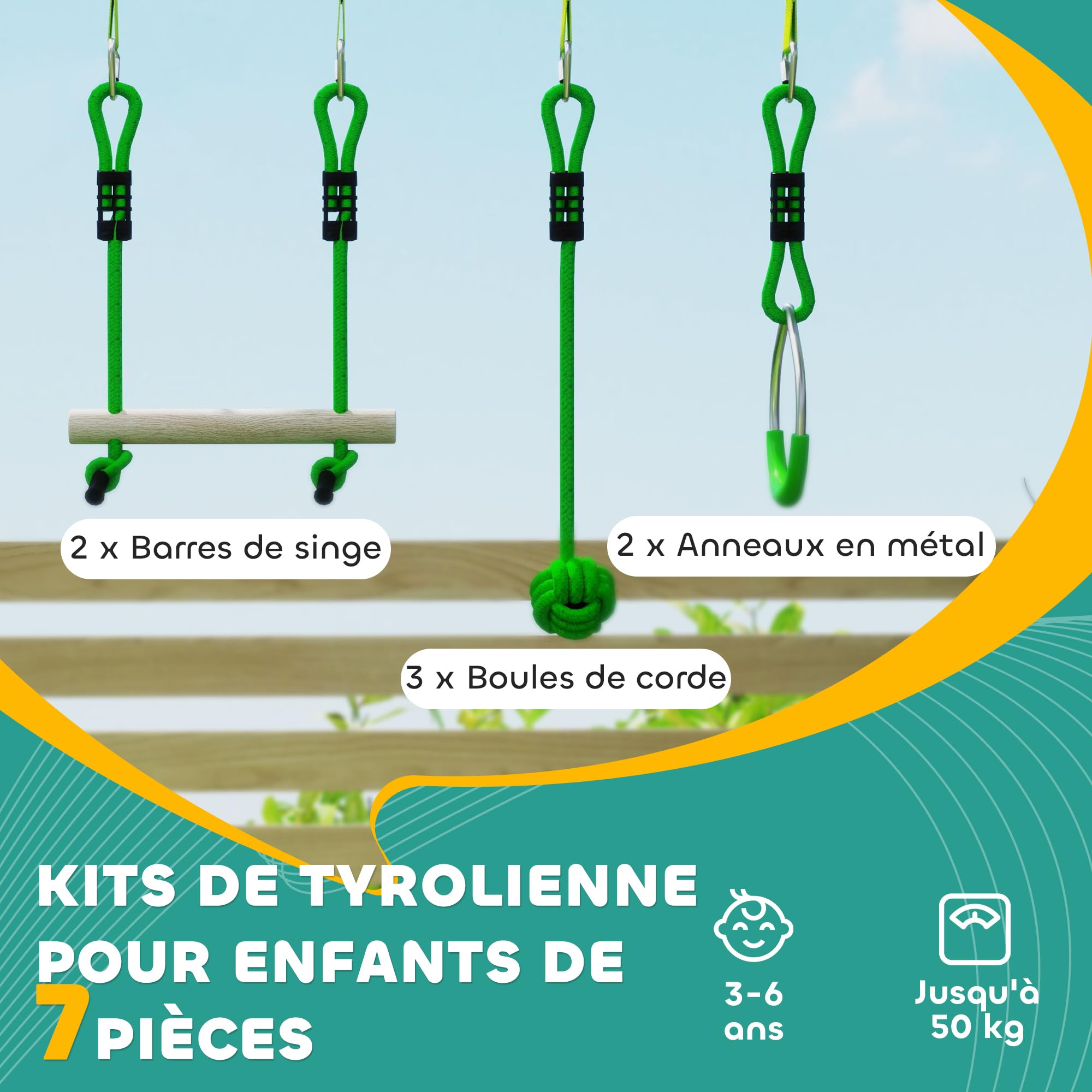 AIYAPLAY Parcours d'obstacles Ninja pour Enfants 10 m Charge 50 kg Slackline et Sac de Transport, équipement de Jeu extérieur pour Filles et garçons, Installation Facile, Bois de Sapin et PP, Vert