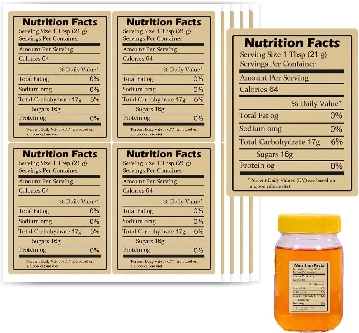 Nutrition Honey Labels Kraft Nutrition Facts Calories Health Benefits Self-Adhesive Canning Label for Homemade Honey Jars Containers 200 Pcs